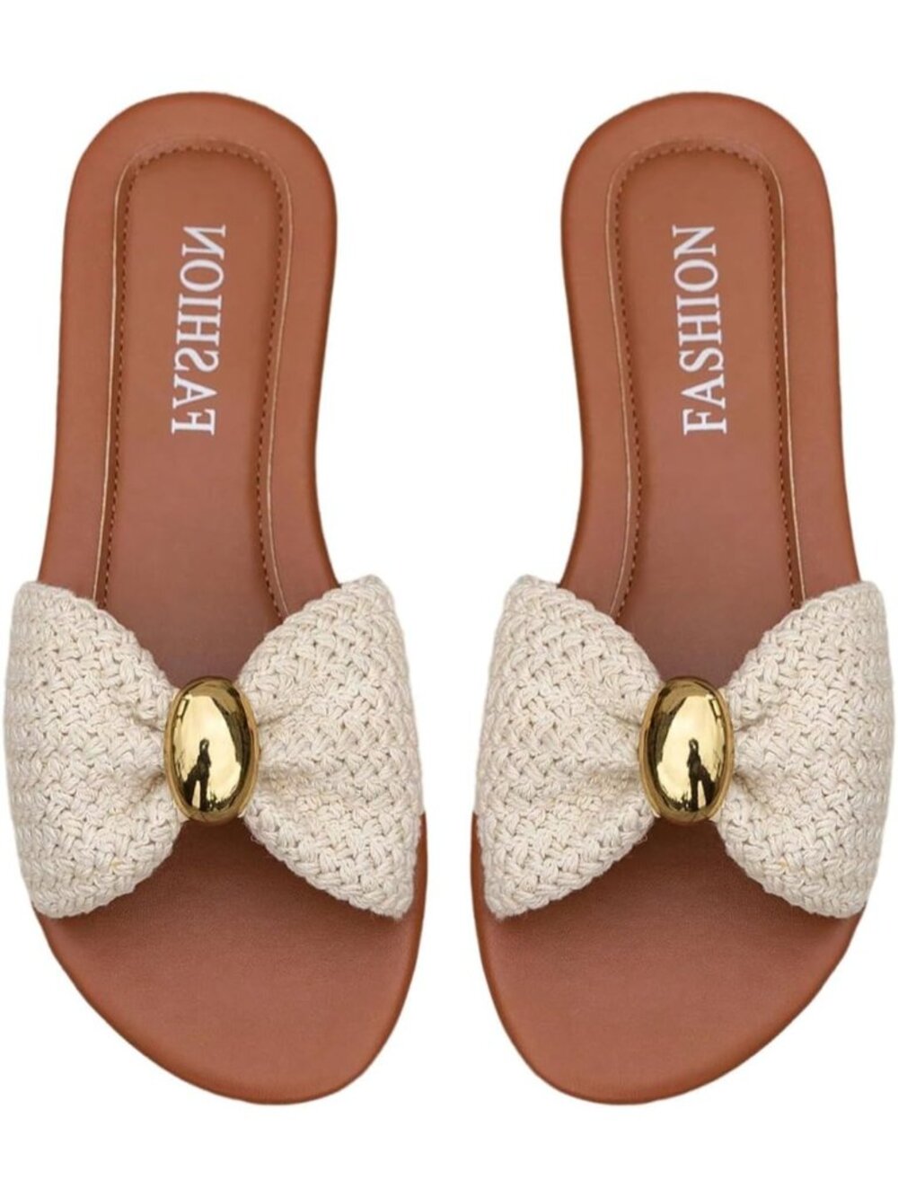 🆕 Women's Cream Woven Knit Bow Flat Slides Squared Open Toe Slip On Shoes Us